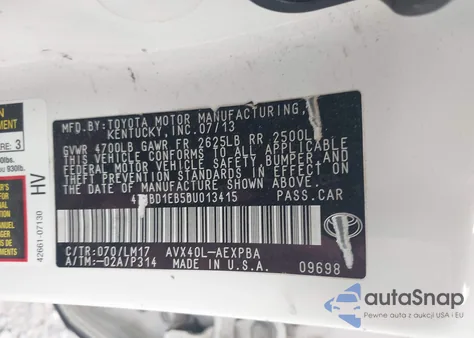 2013 Toyota Avalon Hybrid Limited z USA, uszkodzony, nr VIN 4T1BD1EB5DU013415